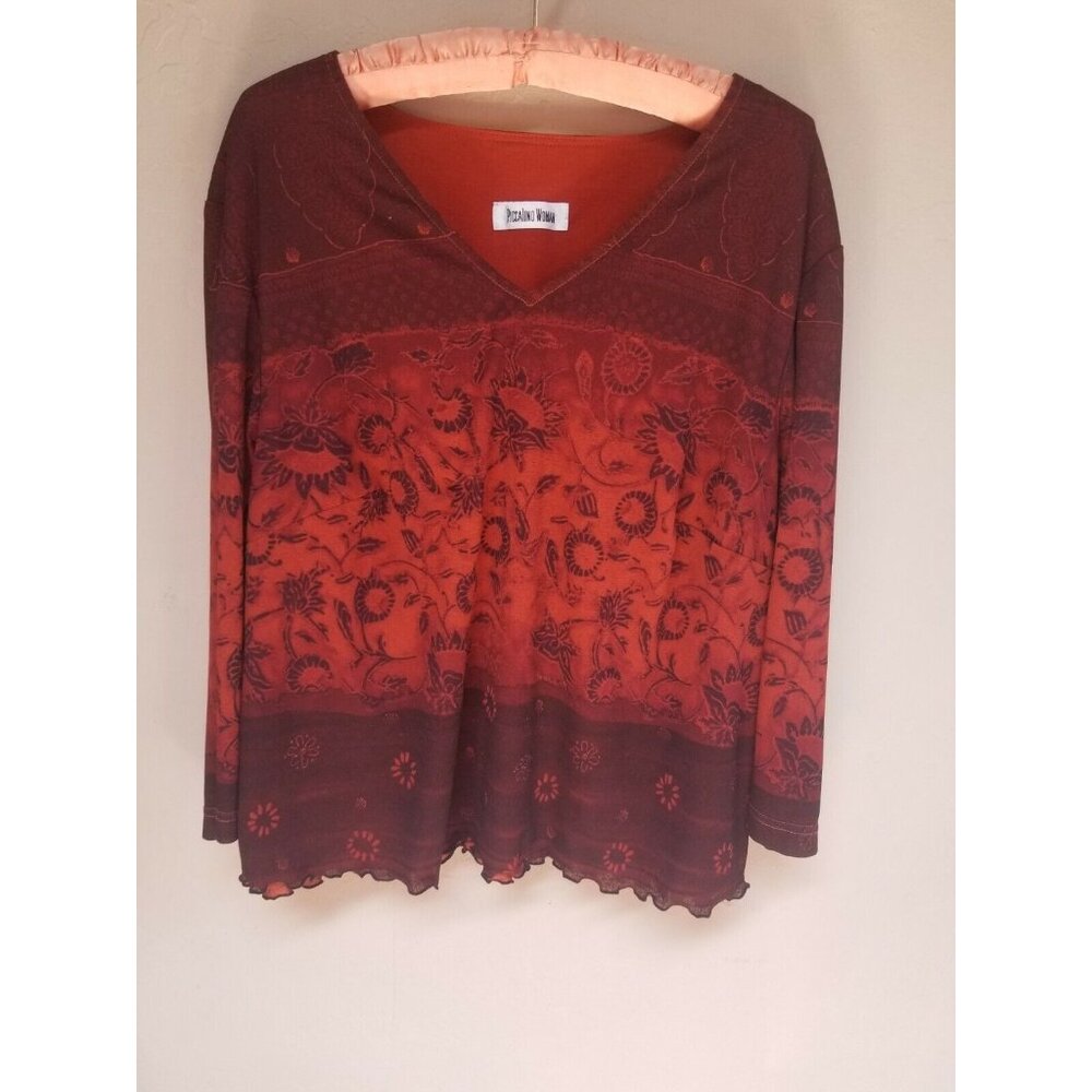 Piccalino Women's Plus Size V-Neck Long Sleeve Casual Blouse Burgundy Floral
